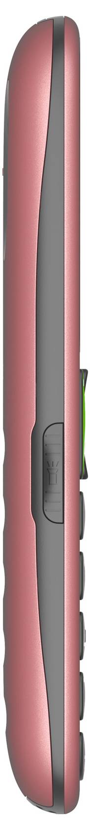 Side view of a red handheld device with a black back and side buttons.