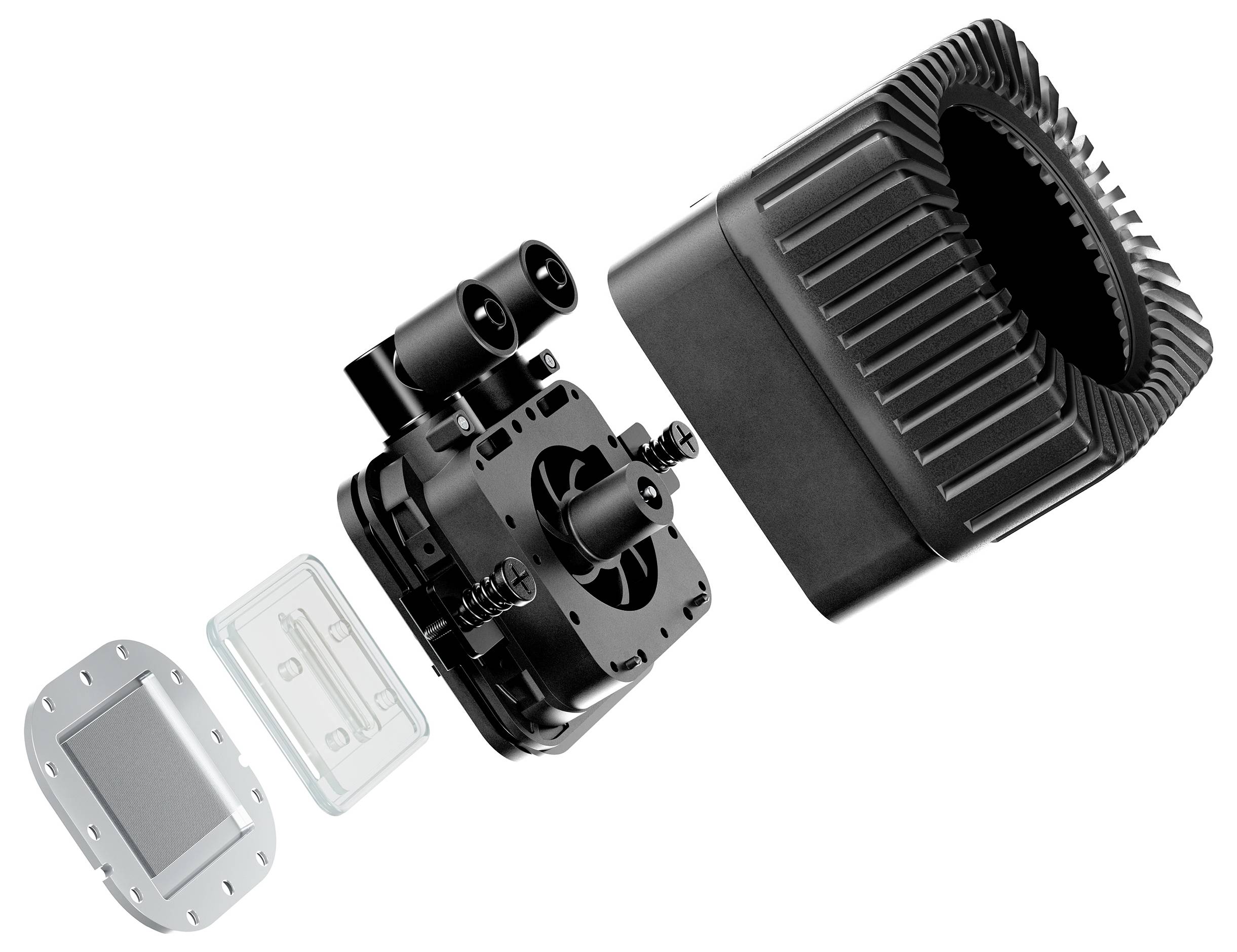 Exploded view of a compact mechanical device with black housing, internal module, clear cover, and silver mounting plate separated on a white background.