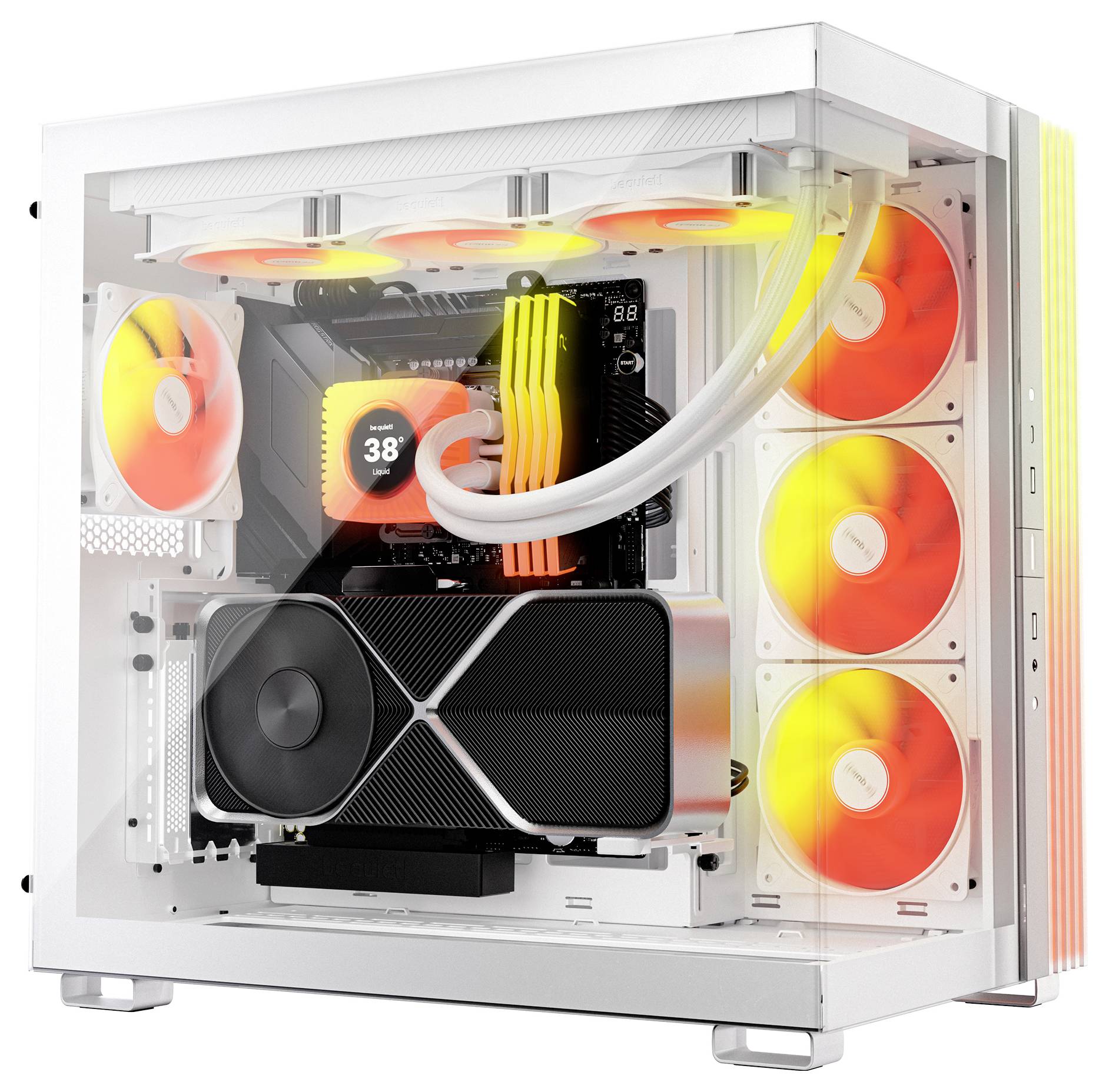 White gaming PC tower with glass side panel, RGB-lit fans and liquid cooling, showing graphics card and temperature display inside.<br>