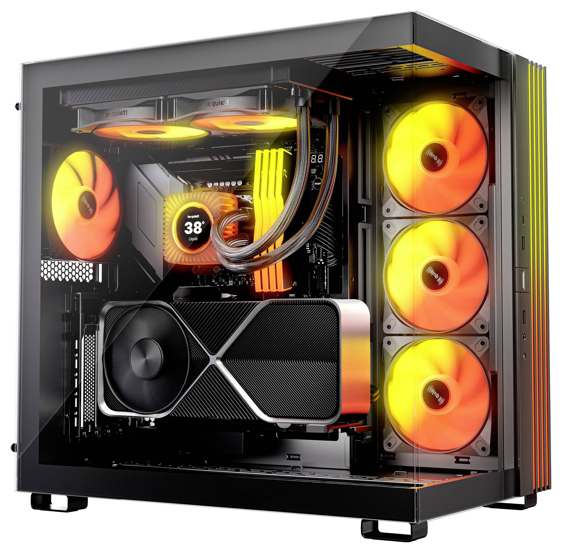 Desktop gaming PC tower with tempered-glass side panel, RGB-lit fans and cooling, and visible graphics card and liquid cooler inside.
