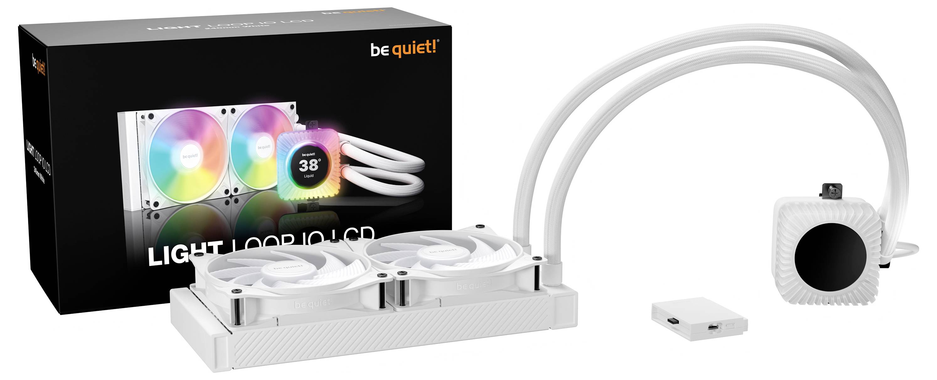 Product image of a be quiet! Light Loop liquid CPU cooler kit with dual RGB fans, radiator, pump head, tubing, and control module, shown with retail box.