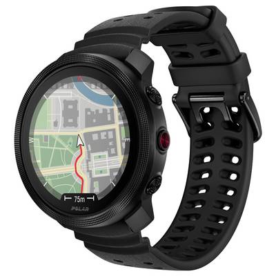 Black Polar GPS smartwatch with a map/navigation screen showing a route and location arrow.