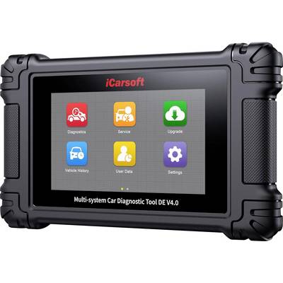 iCarsoft multi-system car diagnostic tool tablet showing a home screen with Diagnostics, Service, Upgrade, Vehicle History, User Data, and Settings icons.<br>