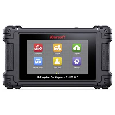 Rugged iCarsoft multi-system car diagnostic tablet showing six app icons: Diagnostics, Service, Upgrade, Vehicle History, User Data, and Settings.