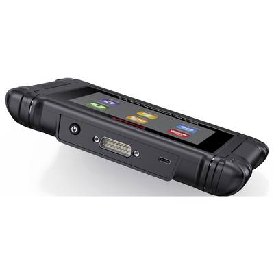 Rugged black handheld electronic device with a touchscreen showing app icons, a power button, USB-C port, and connector port.