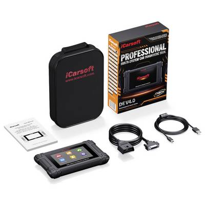 iCarsoft professional multi-system car diagnostic tool kit with handheld scanner, cables, carry case, manual, and retail box.