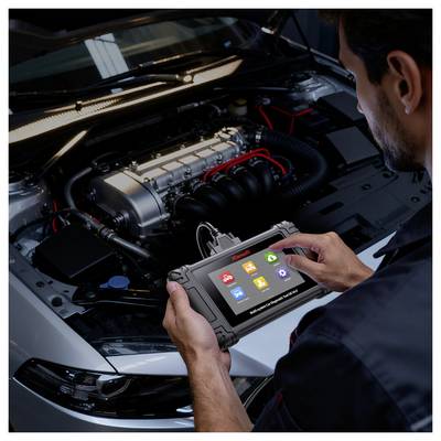 Mechanic using a tablet diagnostic scanner to inspect a car engine in the open hood compartment.