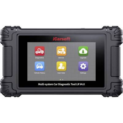 Handheld iCarsoft vehicle diagnostic tool showing a menu of six functions: Diagnostics, Service, Upgrade, Vehicle History, User Data, and Settings.<br>