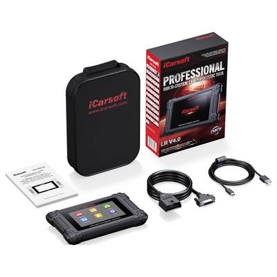 iCarsoft Professional multi-system car diagnostic tool kit with handheld scanner, carrying case, cables, manual, and retail box.
