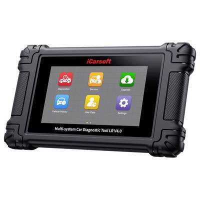 Rugged iCarsoft multi-system car diagnostic tool tablet showing a home screen with Diagnostics, Service, Upgrade, Vehicle History, User Data, and Settings icons.<br>