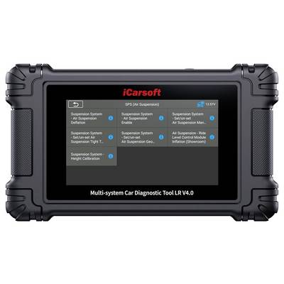 Rugged iCarsoft car diagnostic tablet showing the SPS air suspension menu with options for deflation, enable, set/unset, and height calibration.