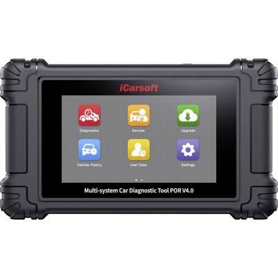 iCarsoft multi-system car diagnostic tool with touchscreen showing six app icons: Diagnostics, Service, Upgrade, Vehicle History, User Data, and Settings.
