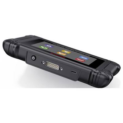 Rugged handheld electronic device with a touchscreen showing app icons, side power button, and a connector port.