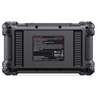 Back of a rugged iCarsoft POR V4.0 professional car diagnostic tool with product label and specifications.