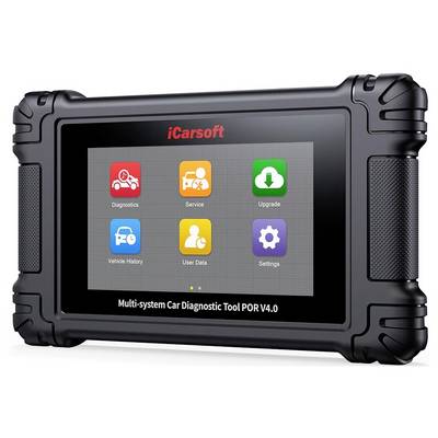 iCarsoft multi-system car diagnostic tool tablet showing icons for Diagnostics, Service, Upgrade, Vehicle History, User Data, and Settings.
