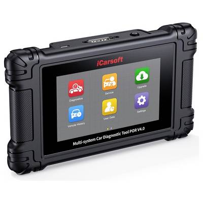 Rugged iCarsoft car diagnostic tool showing touchscreen menu with Diagnostics, Service, Upgrade, Vehicle History, User Data, and Settings icons.<br>