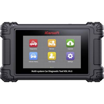 iCarsoft Multi-system Car Diagnostic Tool V4.0 showing six touchscreen options: Diagnostics, Service, Upgrade, Vehicle History, User Data, and Settings.<br>