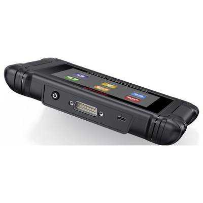 Rugged handheld electronic device with touchscreen, power button, connector port, and protective end caps, shown in perspective on a white background.