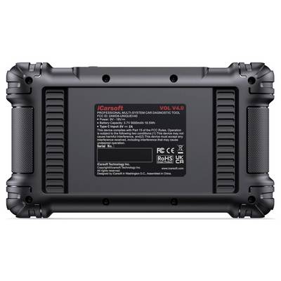 Back view of an iCarsoft VOL V4.0 professional multi-system car diagnostic tablet with a centered product label and rugged black protective casing.