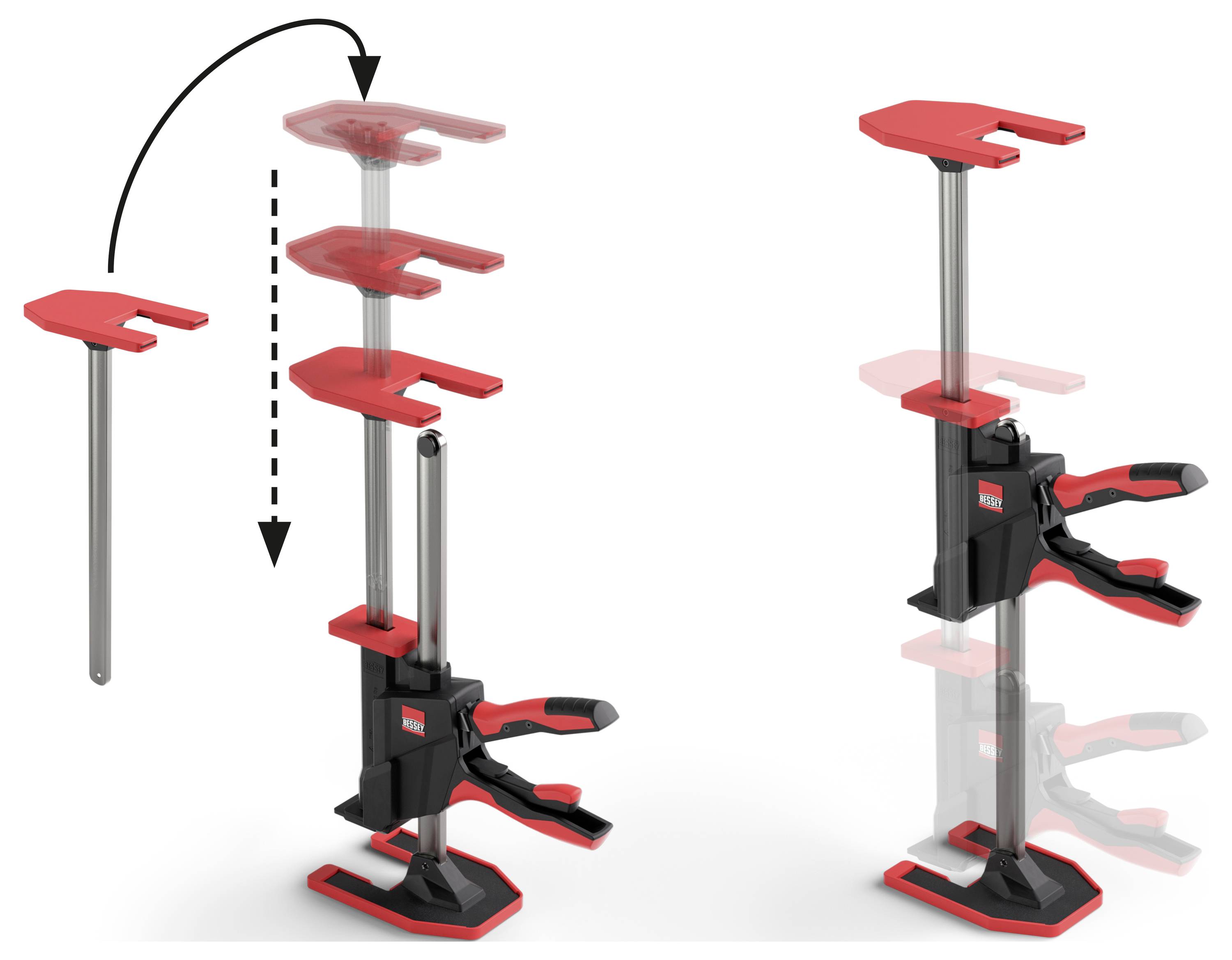 Illustration of a bar clamp being assembled: the adjustable red top jaw slides down a metal bar onto a black-and-red clamp body.