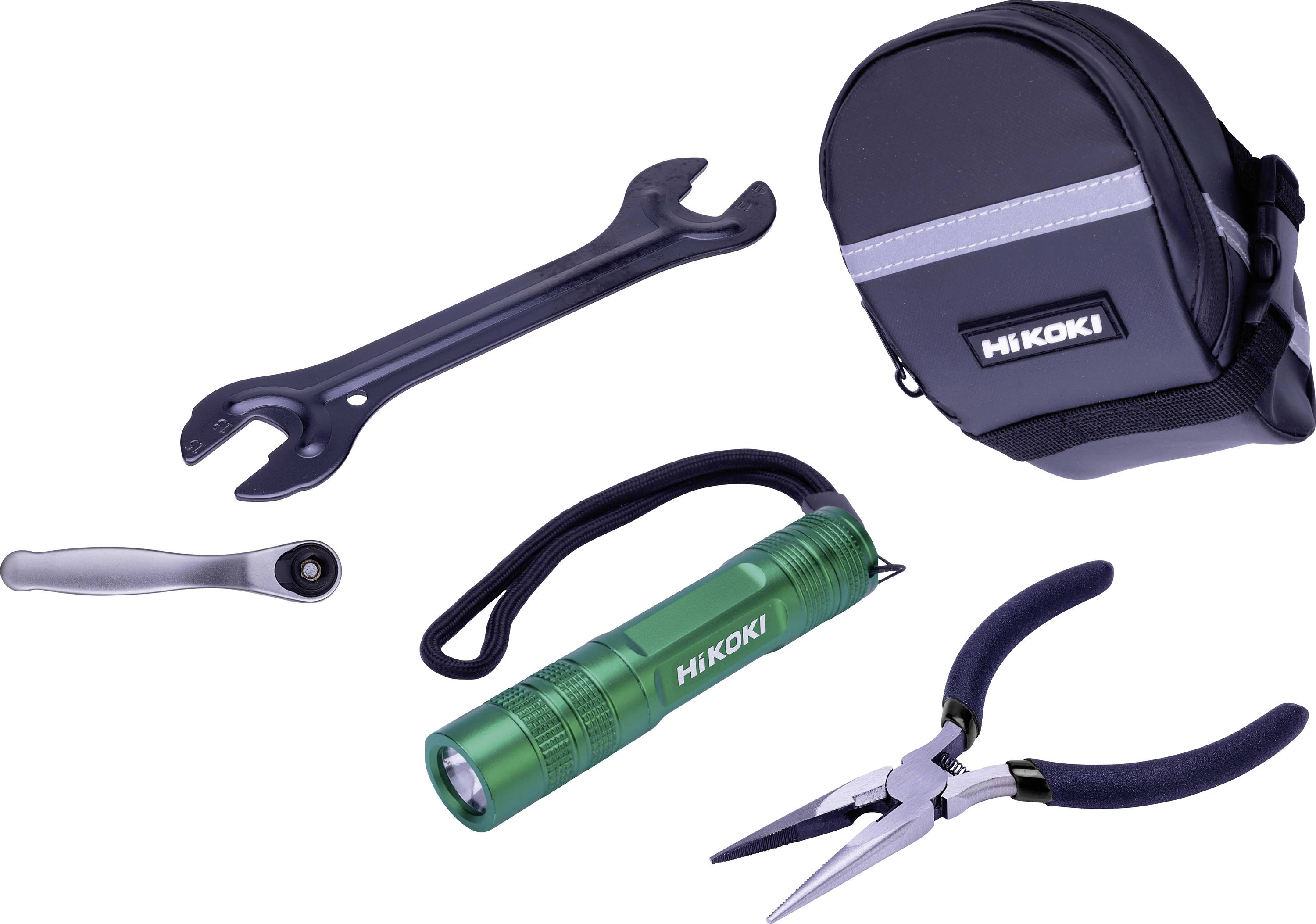 HIKOKI tool kit with spanner, ratchet, flashlight, pliers, and carrying pouch on a white background.<br>