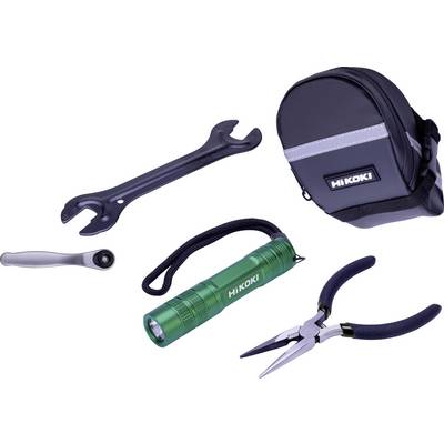 HIKOKI tool kit with spanner, ratchet, flashlight, pliers, and carrying pouch on a white background.<br>