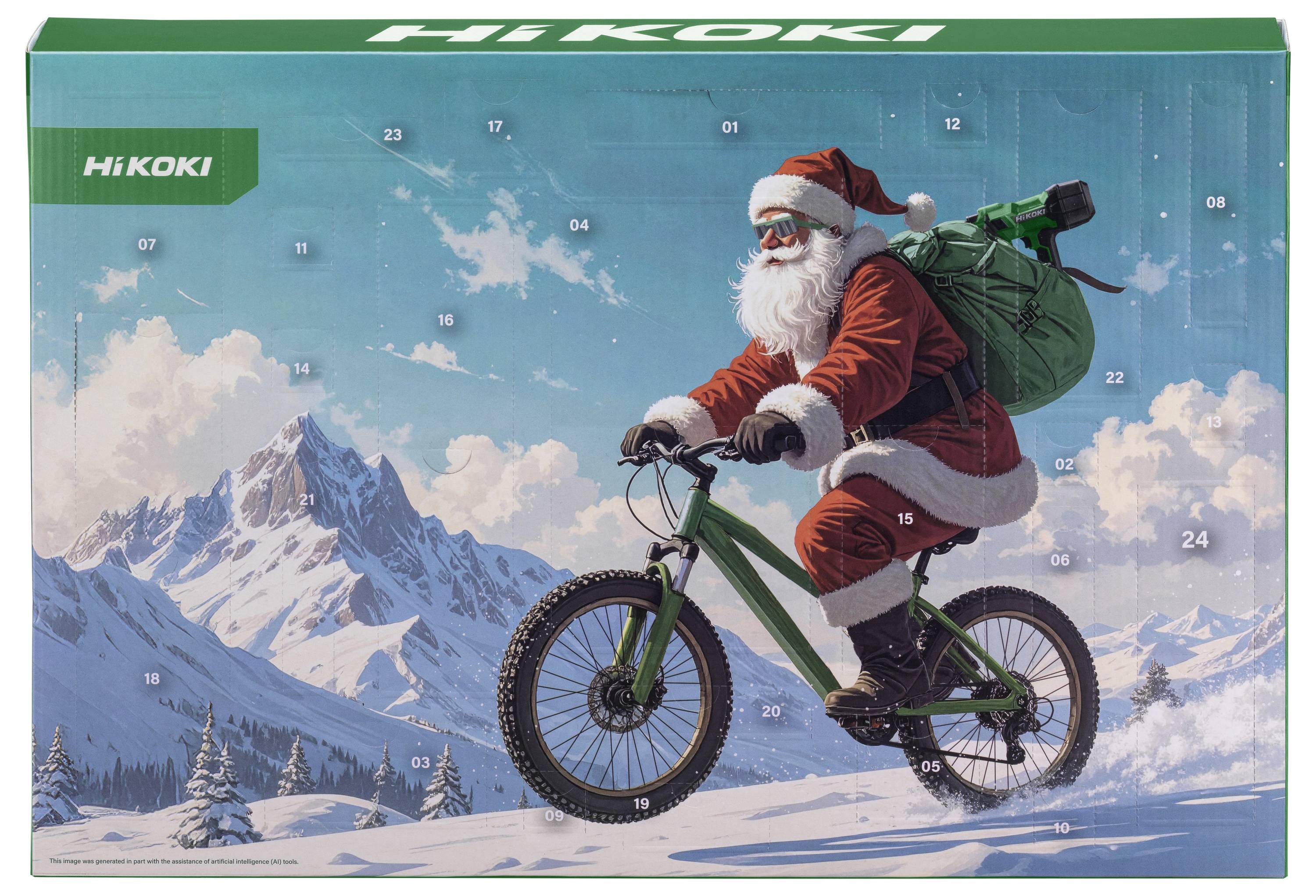 HIKOKI-branded package showing Santa riding a green bicycle through snowy mountains with numbered advent-calendar style panels.