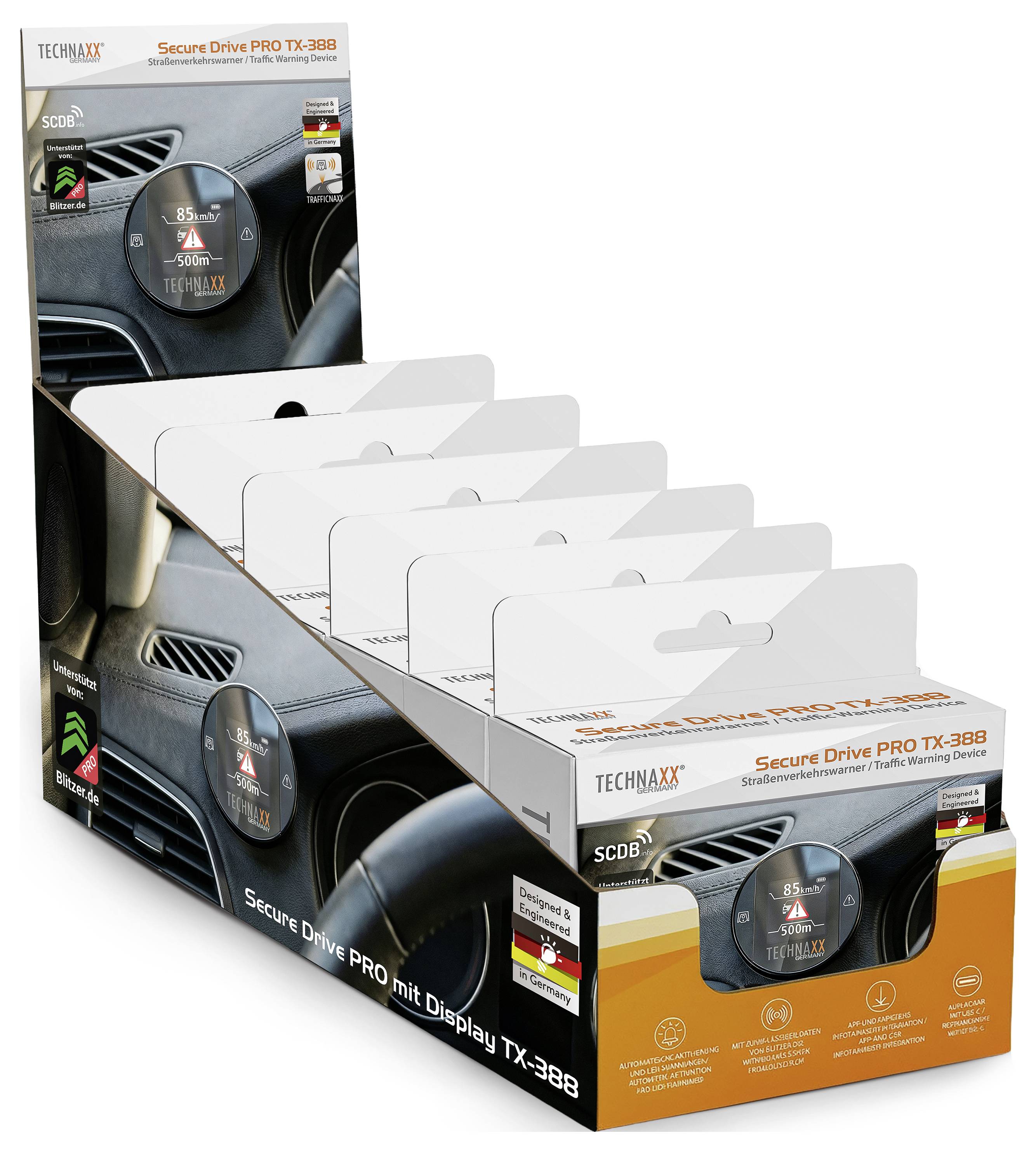 Stack of Technaxx Secure Drive PRO TX-388 traffic warning device retail boxes displayed in a store tray.<br>
