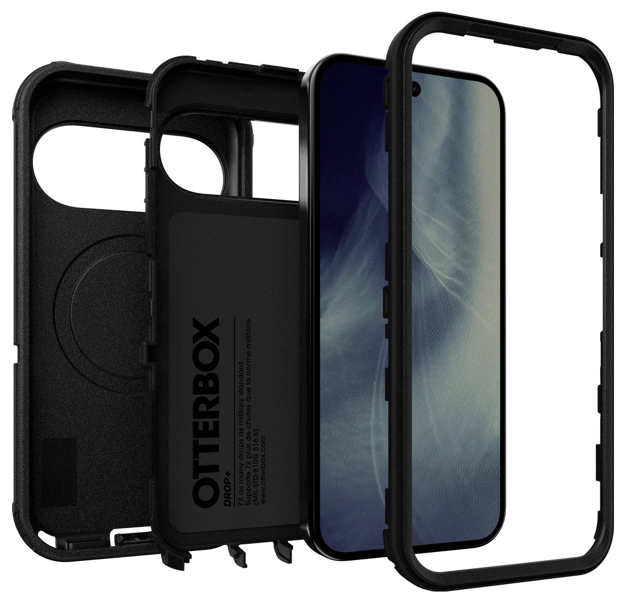 Exploded view of a black OtterBox phone case showing the inner shell, outer cover, and screen protector layers aligned with a smartphone.