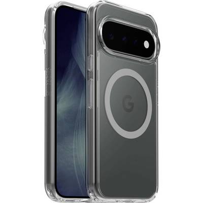 Two views of a Google Pixel phone in a clear protective case, showing the back with camera bar and front screen.