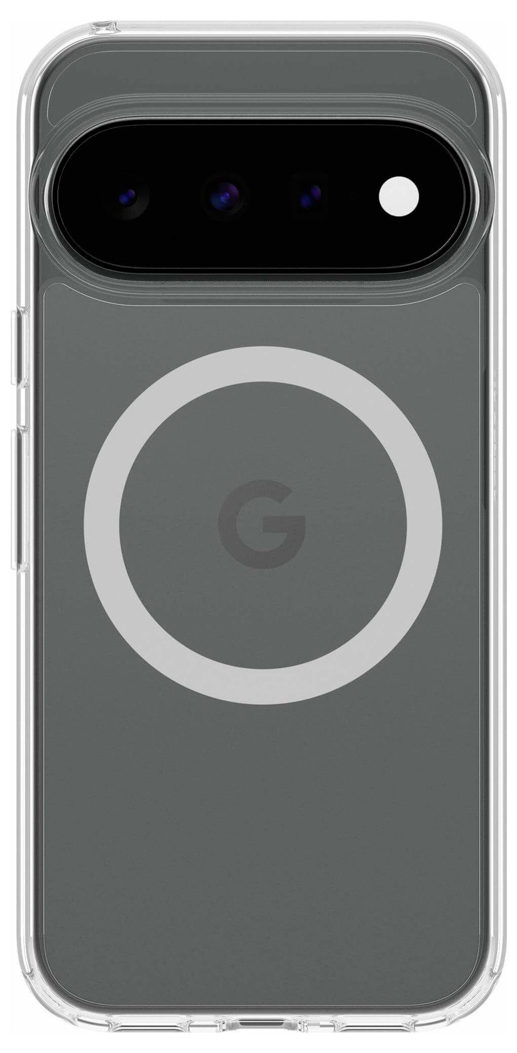 Back of a gray Google Pixel phone with a large circular camera ring and pill-shaped triple camera bar at the top.