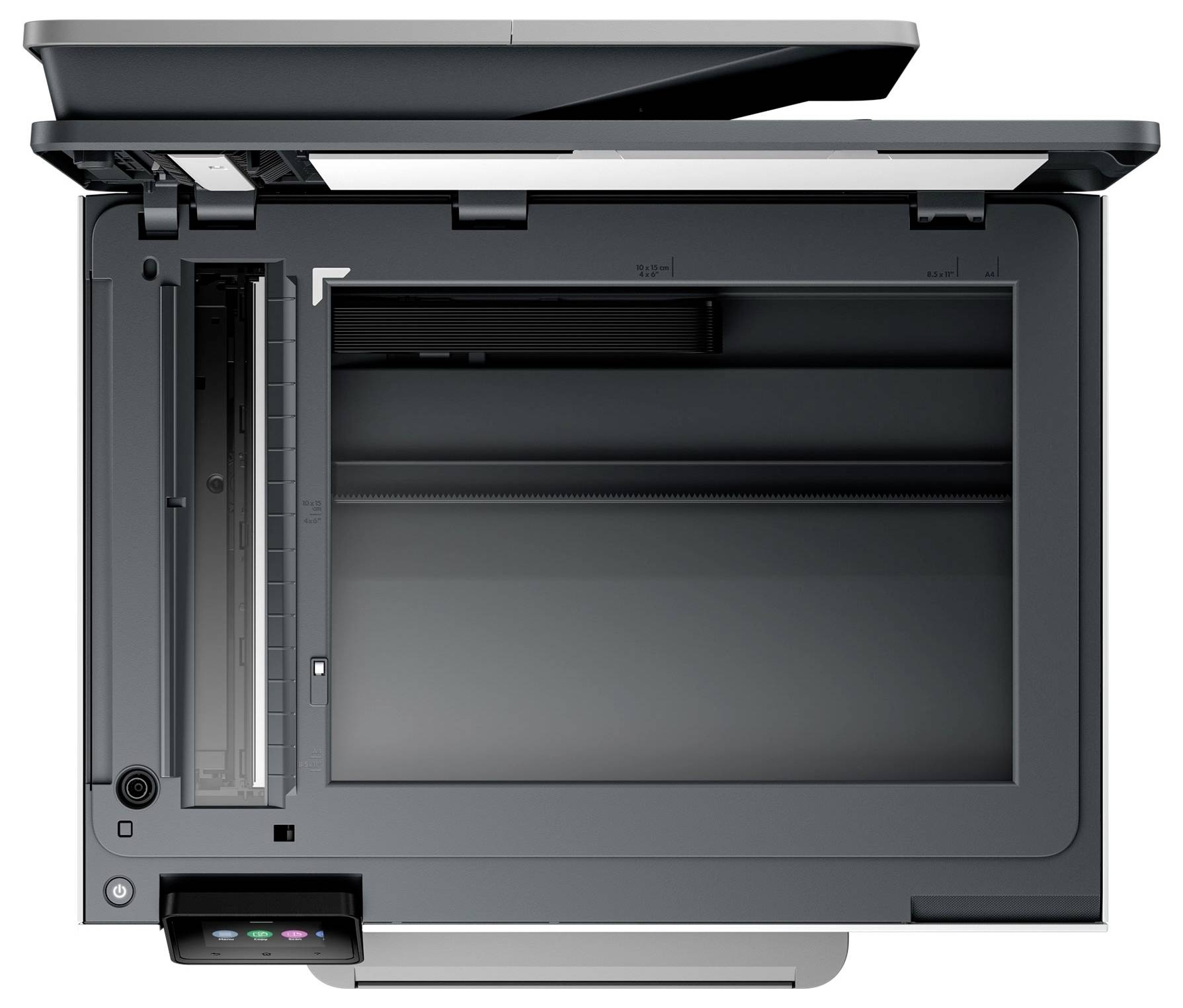 Open all-in-one printer with scanner lid raised, showing the flatbed scanning area and front control panel.