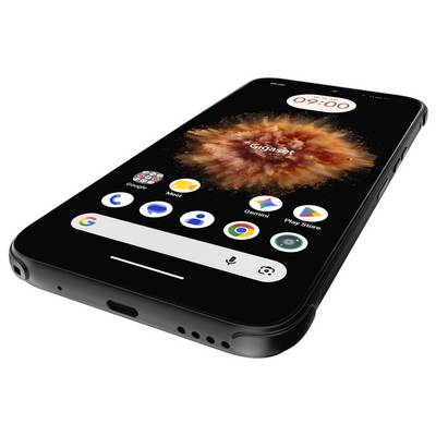 Black smartphone shown at an angle with a home screen displaying app icons, Google search bar, and clock reading 09:00.