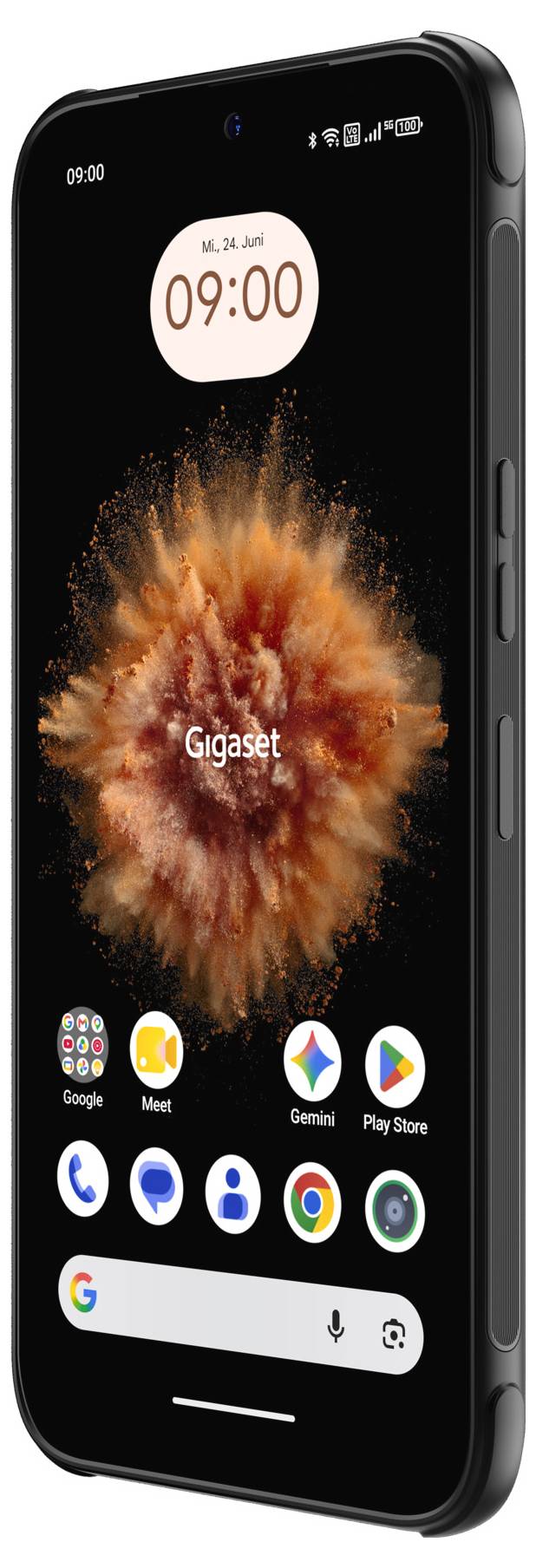A black smartphone home screen shows 09:00, an orange burst wallpaper, and app icons including Google, Meet, Gemini, Play Store, Phone, Messages, Contacts, Chrome, and Camera.