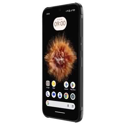 A black smartphone home screen shows 09:00, an orange burst wallpaper, and app icons including Google, Meet, Gemini, Play Store, Phone, Messages, Contacts, Chrome, and Camera.