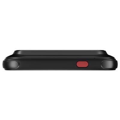 Side view of a black smartphone with a red textured side button and rounded ends on a white background.