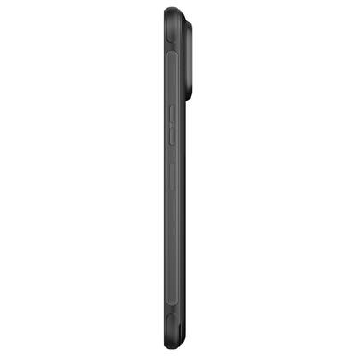 Side view of a black smartphone or rugged handheld device, showing its slim profile with side buttons and a raised rear camera bump.<br>