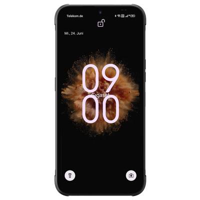 A smartphone lock screen showing the time 09:00, date 'Mi., 24. Juni', with an abstract orange burst wallpaper and flashlight and camera shortcuts.
