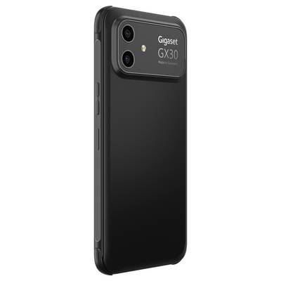 Black Gigaset GX30 smartphone shown from the back, with dual rear cameras and flash in a rugged case.
