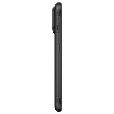 Side view of a black smartphone, showing its thin profile and side buttons.