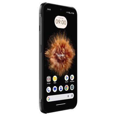 A black smartphone showing the home screen with a 9:00 clock widget, orange abstract wallpaper, and app icons including Google, Meet, Gemini, Play Store, Chrome, and Photos.