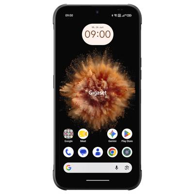 Android home screen on a black background with a large orange flower-like wallpaper, a 09:00 clock widget dated Mi., 24. Juni, and app icons including Google, Meet, Gemini, Play Store, Phone, Messages, Contacts, and Chrome.