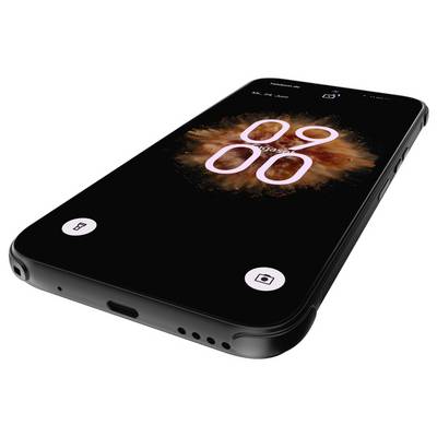 Black smartphone on a white background showing a lock screen with a large '09 00' time display and camera/lock icons.<br>