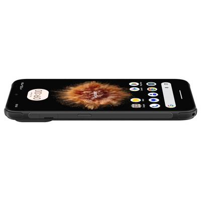 Side view of a black smartphone on a white background, showing a 09:00 clock and app icons on the screen.