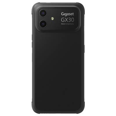Back of a black Gigaset GX30 smartphone with dual rear cameras and flash, labeled 'Gigaset GX30 Made in Germany'.