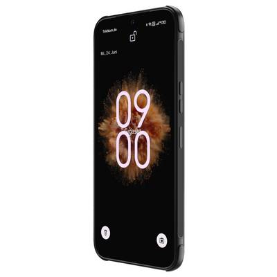 A smartphone lock screen shows '09 00' over an orange burst on a black background, with date 'Mi, 24. Juni' and small lock, flashlight, and camera icons.