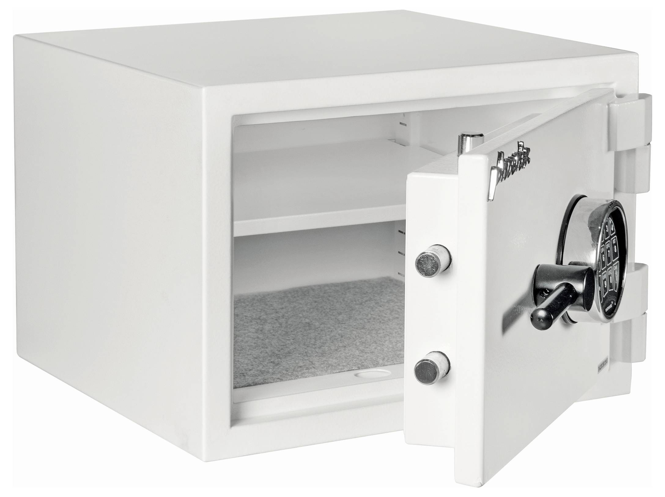 Open white metal safe with the door ajar, showing the empty interior and combination lock handle.