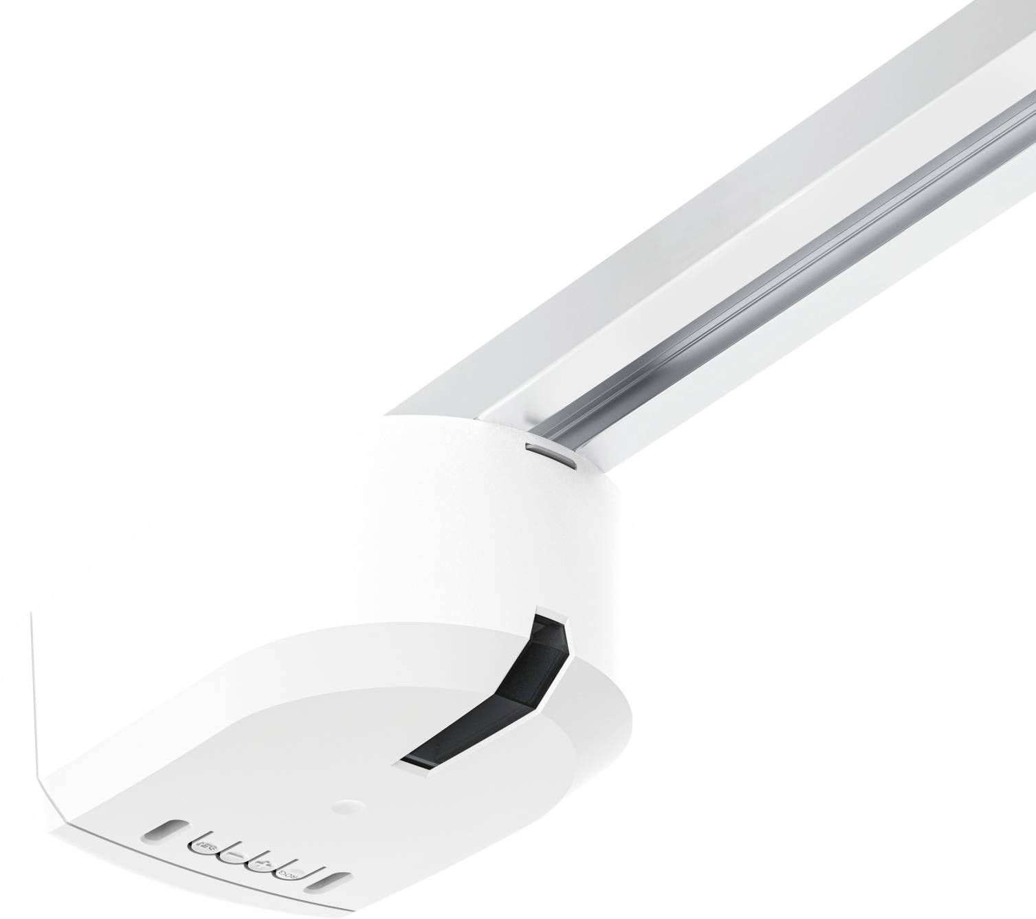 Close-up of a white automated garage door opener mounted on a ceiling rail.