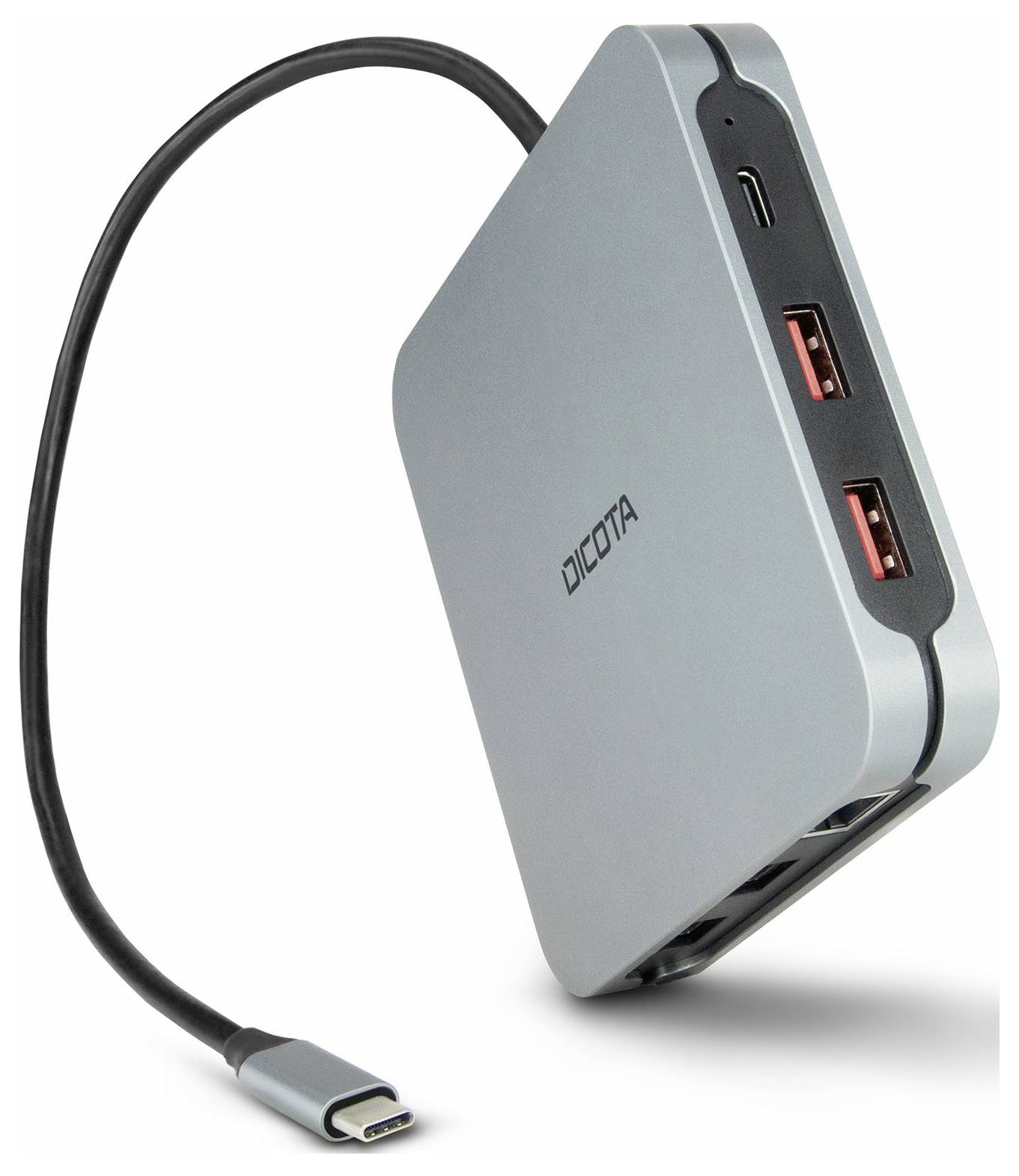 Portable USB-C hub with attached cable, showing one USB-C port and two USB-A ports on a silver device.<br>