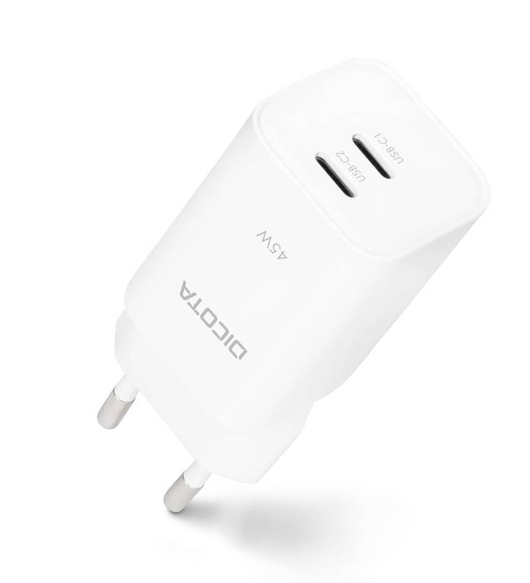 White USB-C wall charger with two ports labeled USB-C1 and USB-C2 and '45W' printed on the front.